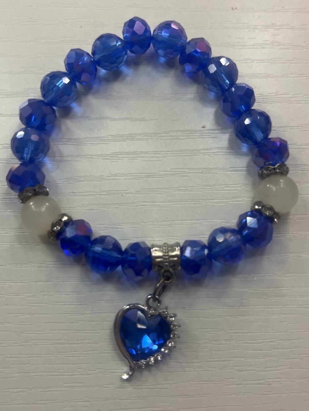 Blue Crystal Heart Charm Stretch Bracelet